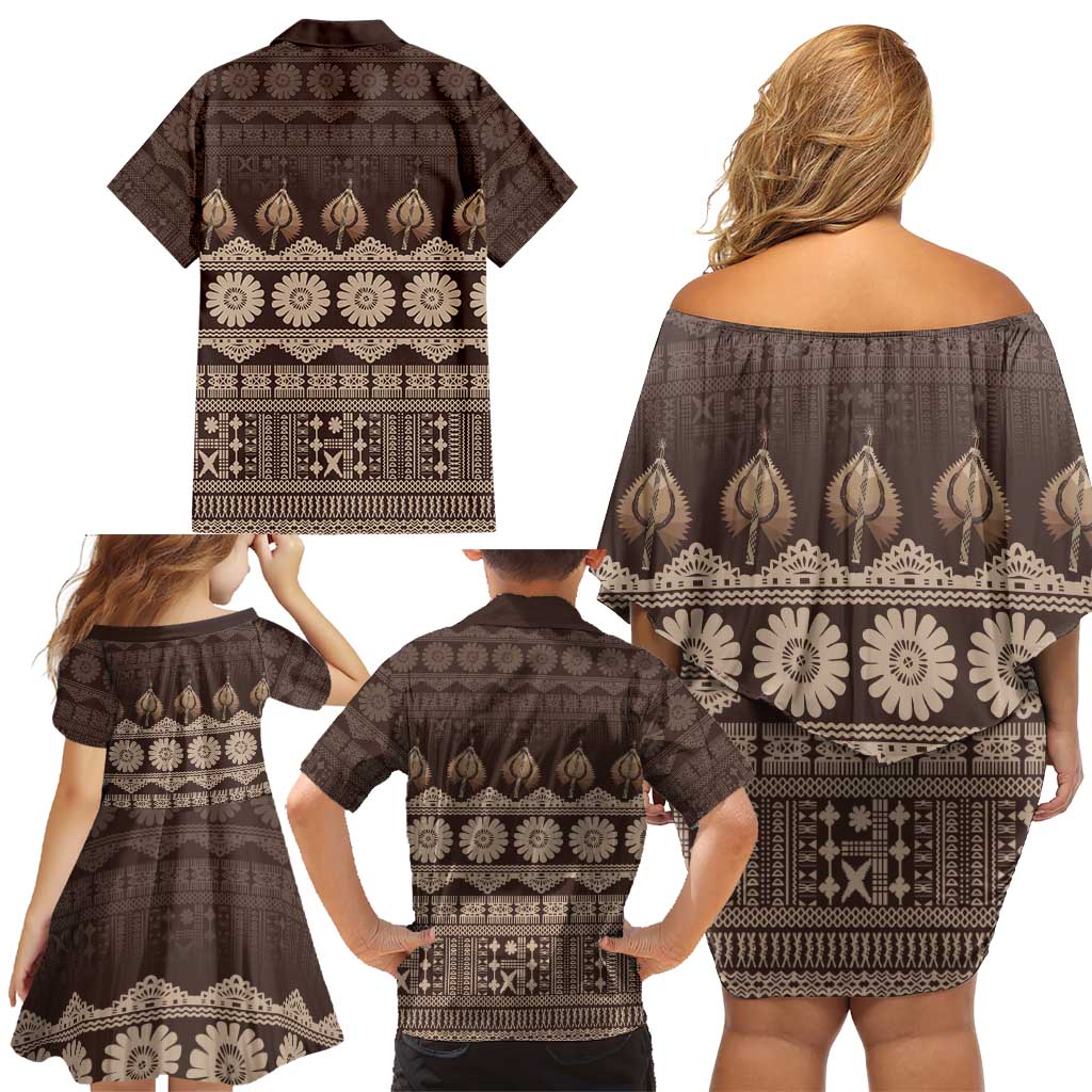 Bula Fiji Iri ni Meke Family Matching Off Shoulder Short Dress and Hawaiian Shirt Kuvui Fijian Masi LT14 - Polynesian Pride