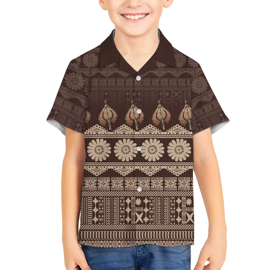 Bula Fiji Iri ni Meke Family Matching Off Shoulder Short Dress and Hawaiian Shirt Kuvui Fijian Masi LT14 Son's Shirt Brown - Polynesian Pride