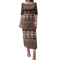 Bula Fiji Iri ni Meke Family Matching Puletasi and Hawaiian Shirt Kuvui Fijian Masi LT14 Mom's Dress Brown - Polynesian Pride