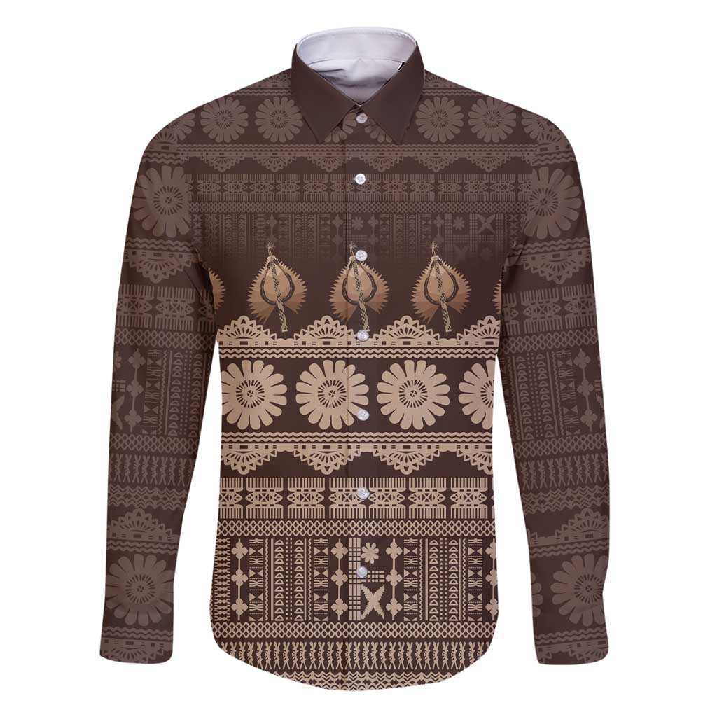 Bula Fiji Iri ni Meke Family Matching Short Sleeve Bodycon Dress and Hawaiian Shirt Kuvui Fijian Masi LT14 Dad's Shirt - Long Sleeve Brown - Polynesian Pride