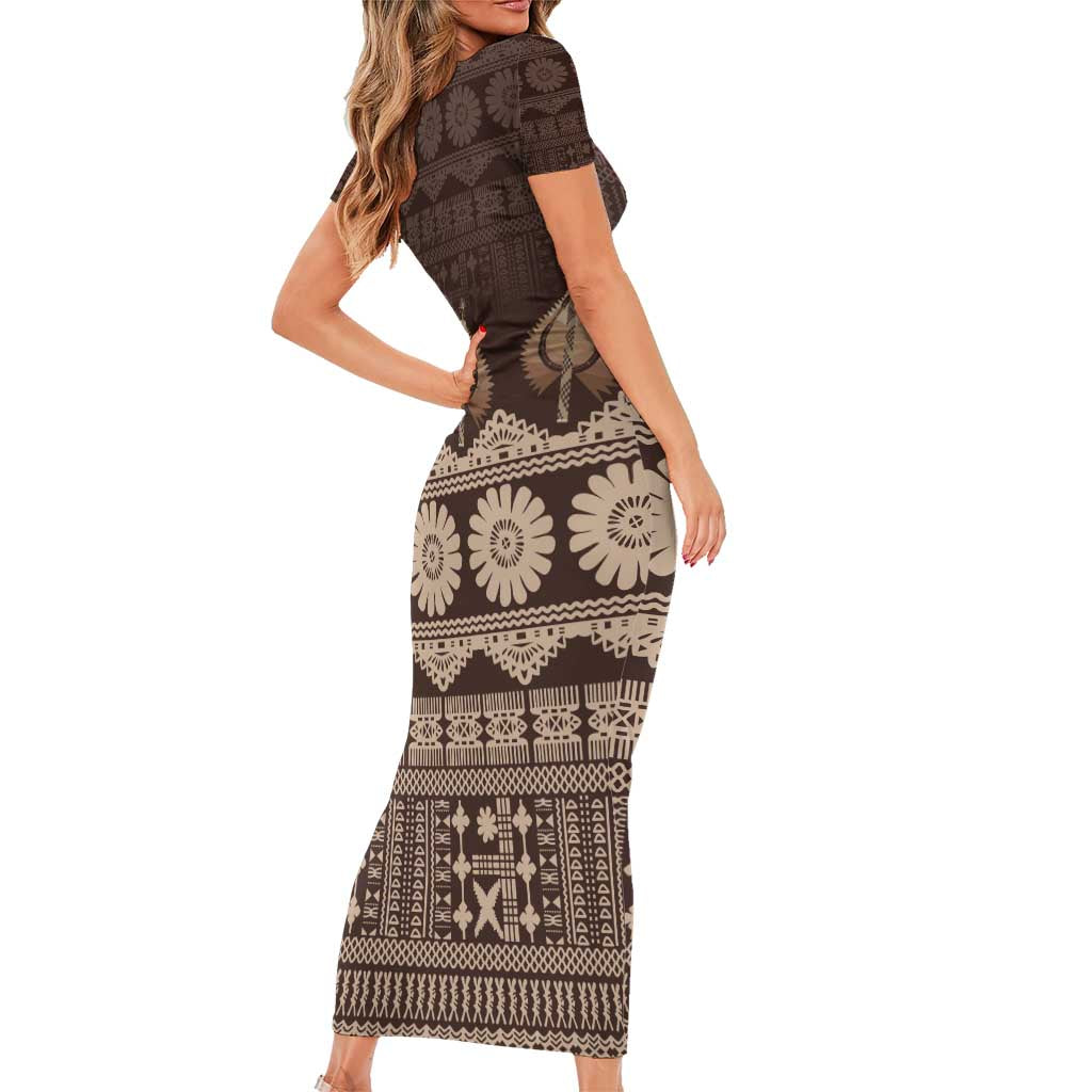 Bula Fiji Iri ni Meke Family Matching Short Sleeve Bodycon Dress and Hawaiian Shirt Kuvui Fijian Masi LT14 - Polynesian Pride