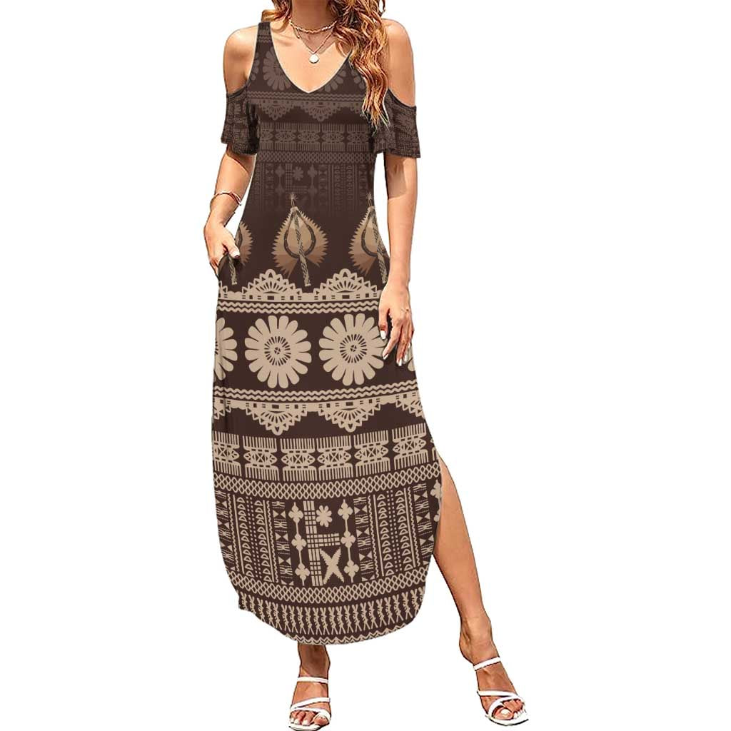 Bula Fiji Iri ni Meke Family Matching Summer Maxi Dress and Hawaiian Shirt Kuvui Fijian Masi LT14 Mom's Dress Brown - Polynesian Pride