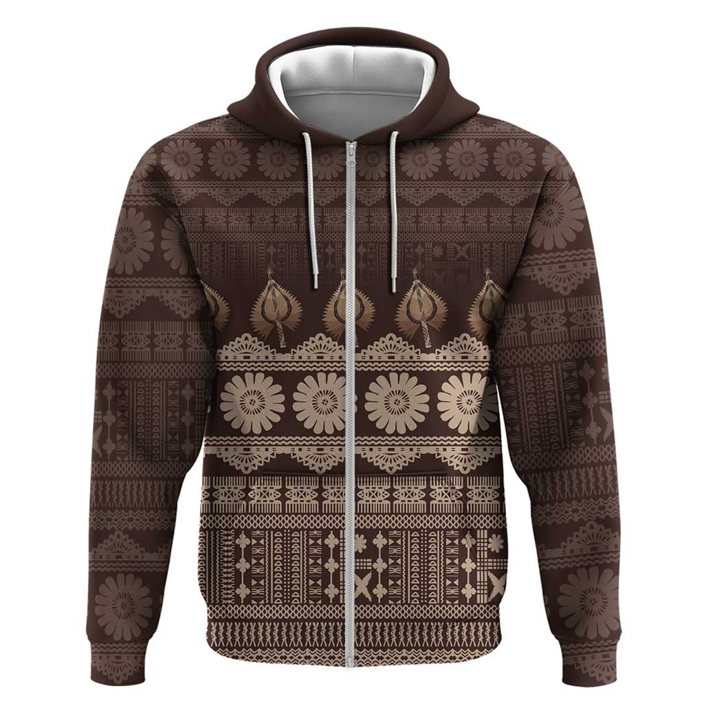Bula Fiji Iri ni Meke Hoodie Kuvui Fijian Masi LT14 Zip Hoodie Brown - Polynesian Pride