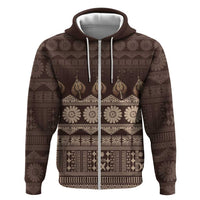 Bula Fiji Iri ni Meke Hoodie Kuvui Fijian Masi LT14 Zip Hoodie Brown - Polynesian Pride