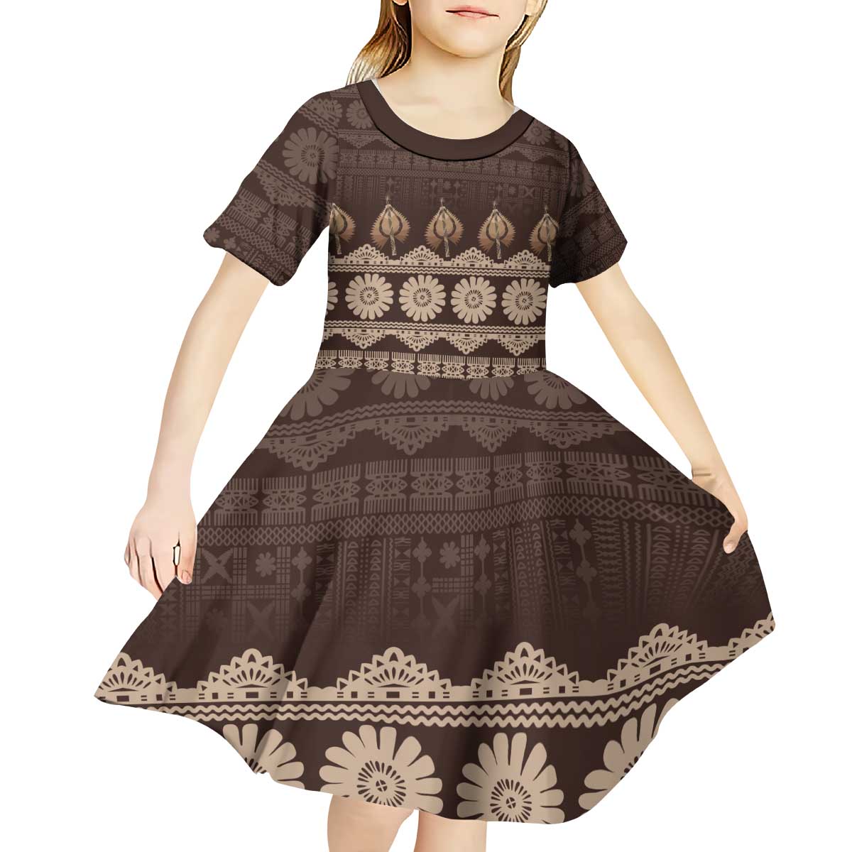 Bula Fiji Iri ni Meke Kid Short Sleeve Dress Kuvui Fijian Masi LT14 - Polynesian Pride