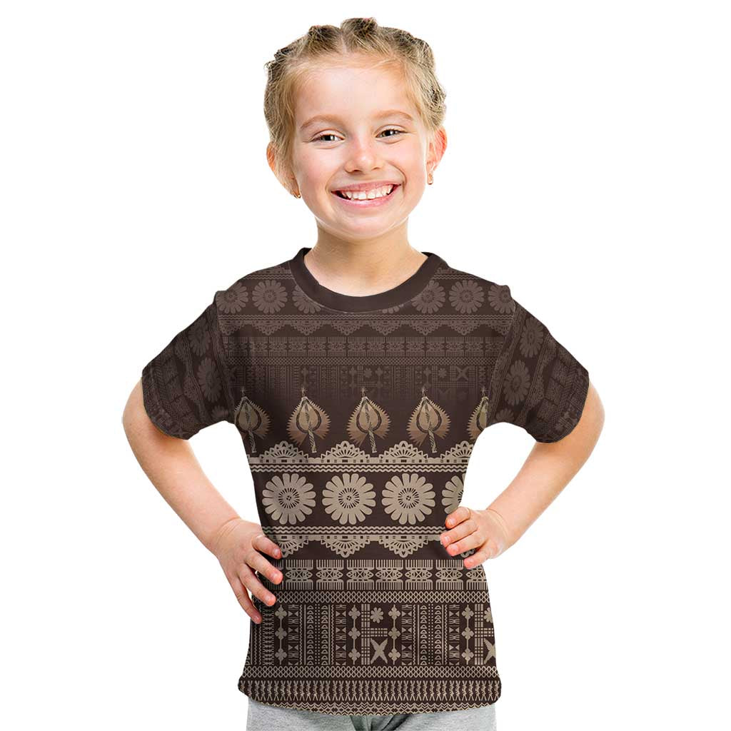 Bula Fiji Iri ni Meke Kid T Shirt Kuvui Fijian Masi LT14 Brown - Polynesian Pride