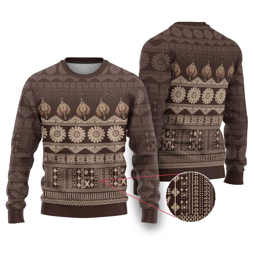 Bula Fiji Iri ni Meke Ugly Christmas Sweater Kuvui Fijian Masi LT14 Brown - Polynesian Pride