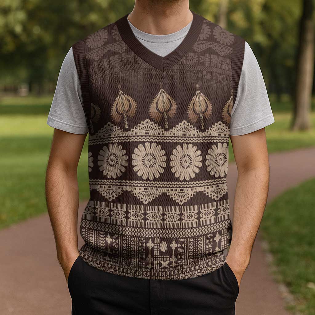 Bula Fiji Iri ni Meke Christmas Knitted V-Neck Vest Kuvui Fijian Masi LT14 - Polynesian Pride