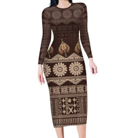 Bula Fiji Iri ni Meke Long Sleeve Bodycon Dress Kuvui Fijian Masi LT14 Long Dress Brown - Polynesian Pride