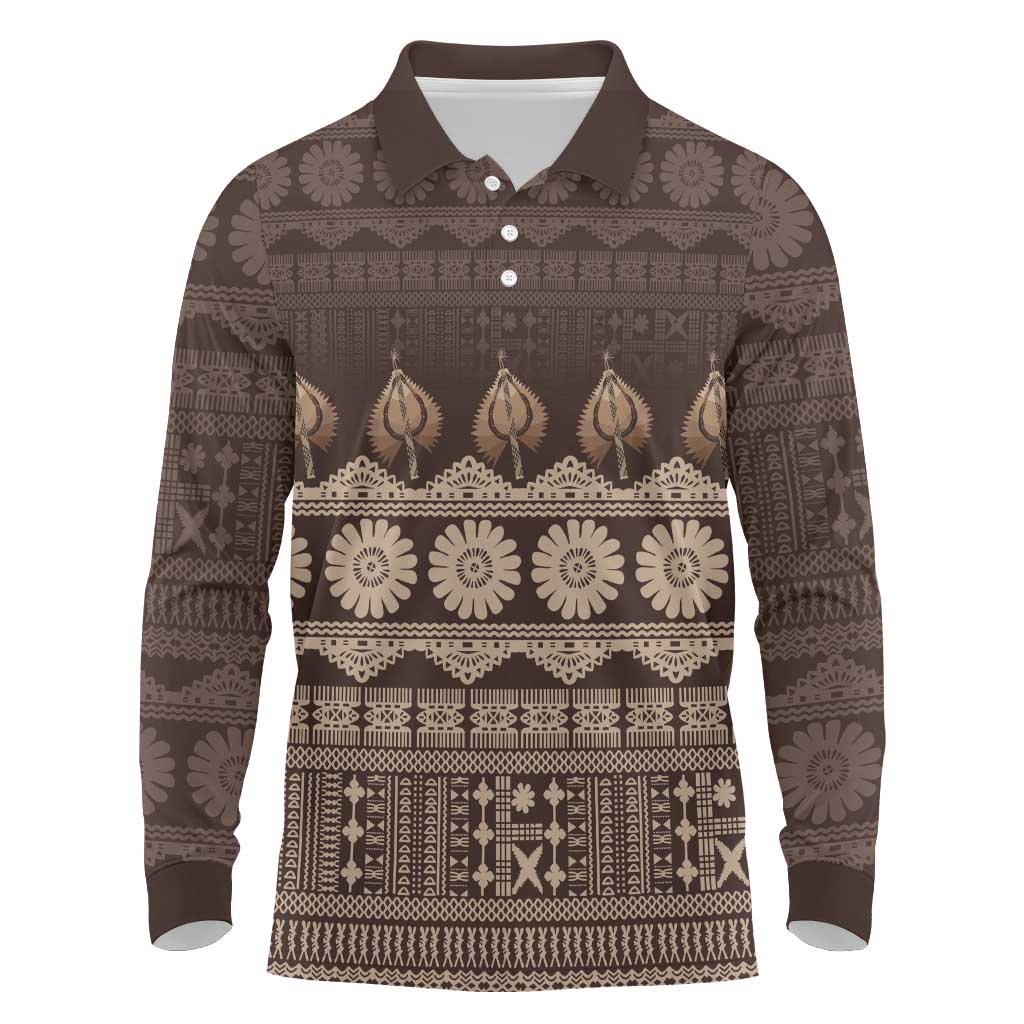 Bula Fiji Iri ni Meke Long Sleeve Polo Shirt Kuvui Fijian Masi LT14 Brown - Polynesian Pride