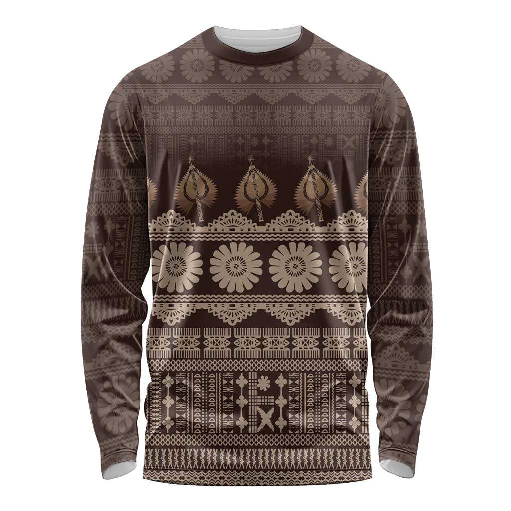 Bula Fiji Iri ni Meke Long Sleeve Shirt Kuvui Fijian Masi LT14 Unisex Brown - Polynesian Pride