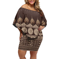 Bula Fiji Iri ni Meke Off Shoulder Short Dress Kuvui Fijian Masi LT14 Women Brown - Polynesian Pride