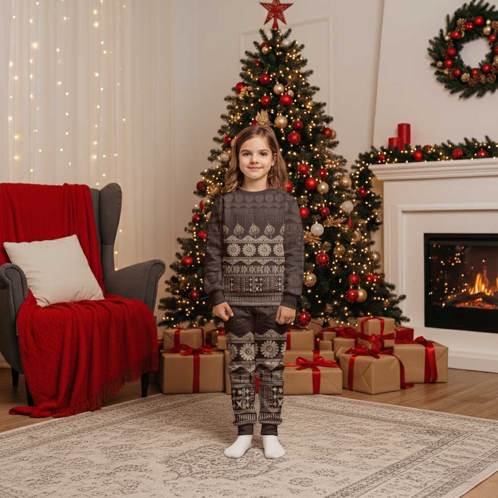 Bula Fiji Iri ni Meke Christmas Pajama Set Kuvui Fijian Masi LT14 Kid Brown - Polynesian Pride