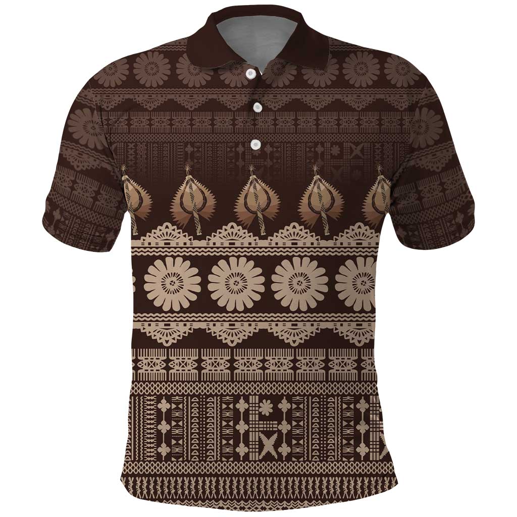 Bula Fiji Iri ni Meke Polo Shirt Kuvui Fijian Masi LT14 Brown - Polynesian Pride