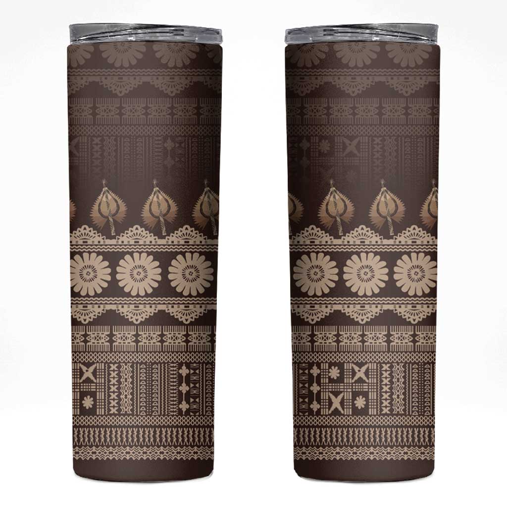Bula Fiji Iri ni Meke Skinny Tumbler Kuvui Fijian Masi LT14 Brown - Polynesian Pride