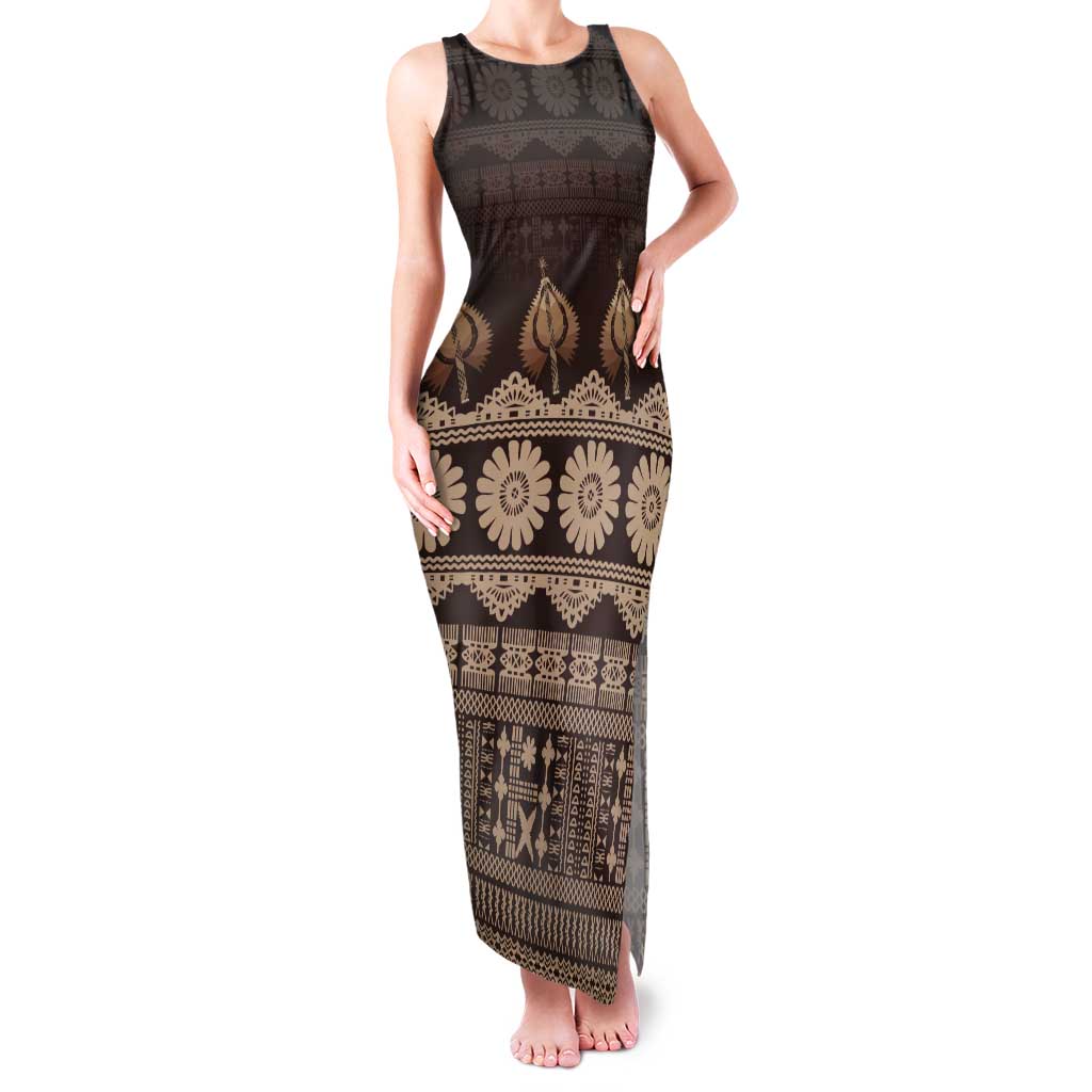 Bula Fiji Iri ni Meke Tank Maxi Dress Kuvui Fijian Masi LT14 Women Brown - Polynesian Pride