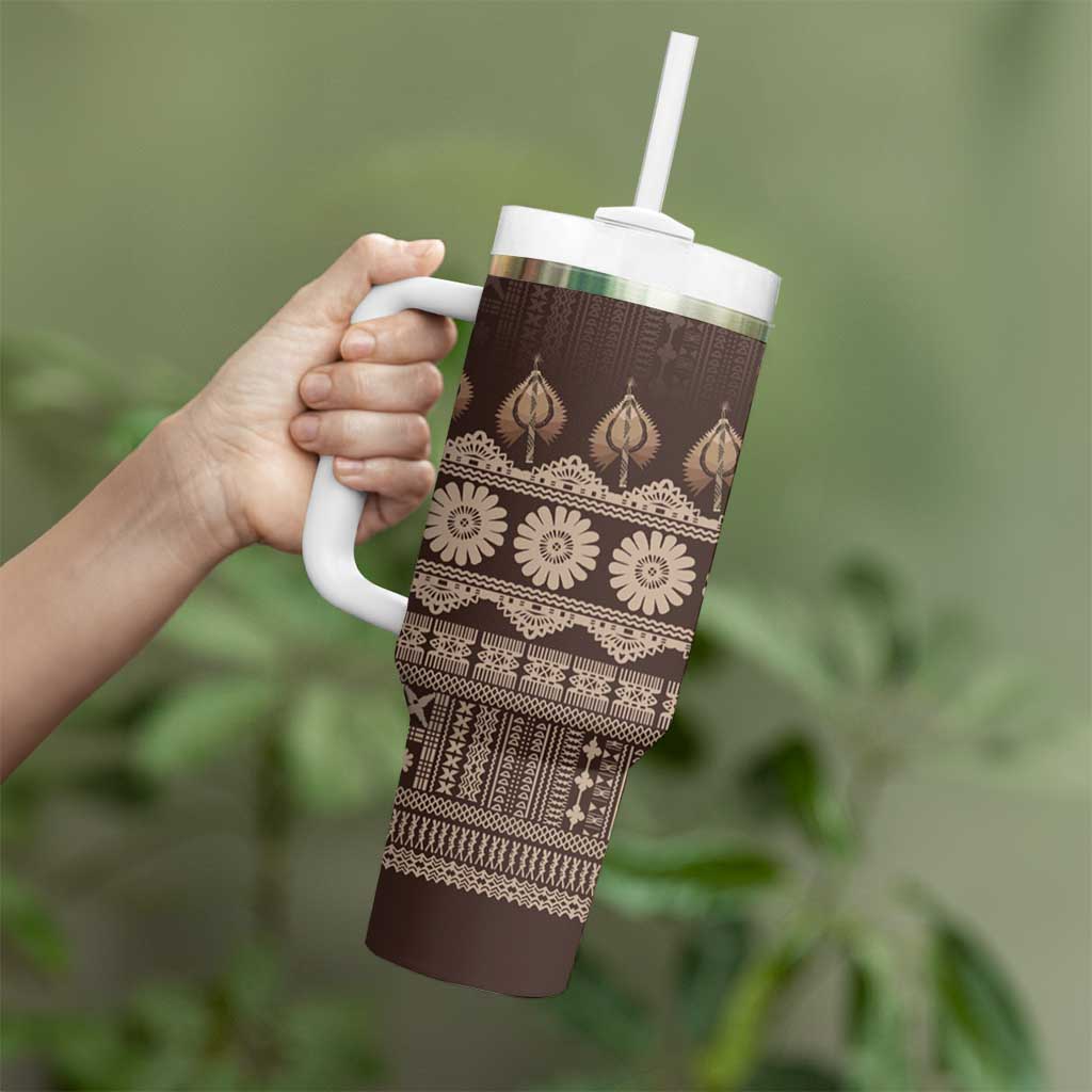 Bula Fiji Iri ni Meke Tumbler With Handle Kuvui Fijian Masi LT14 - Polynesian Pride