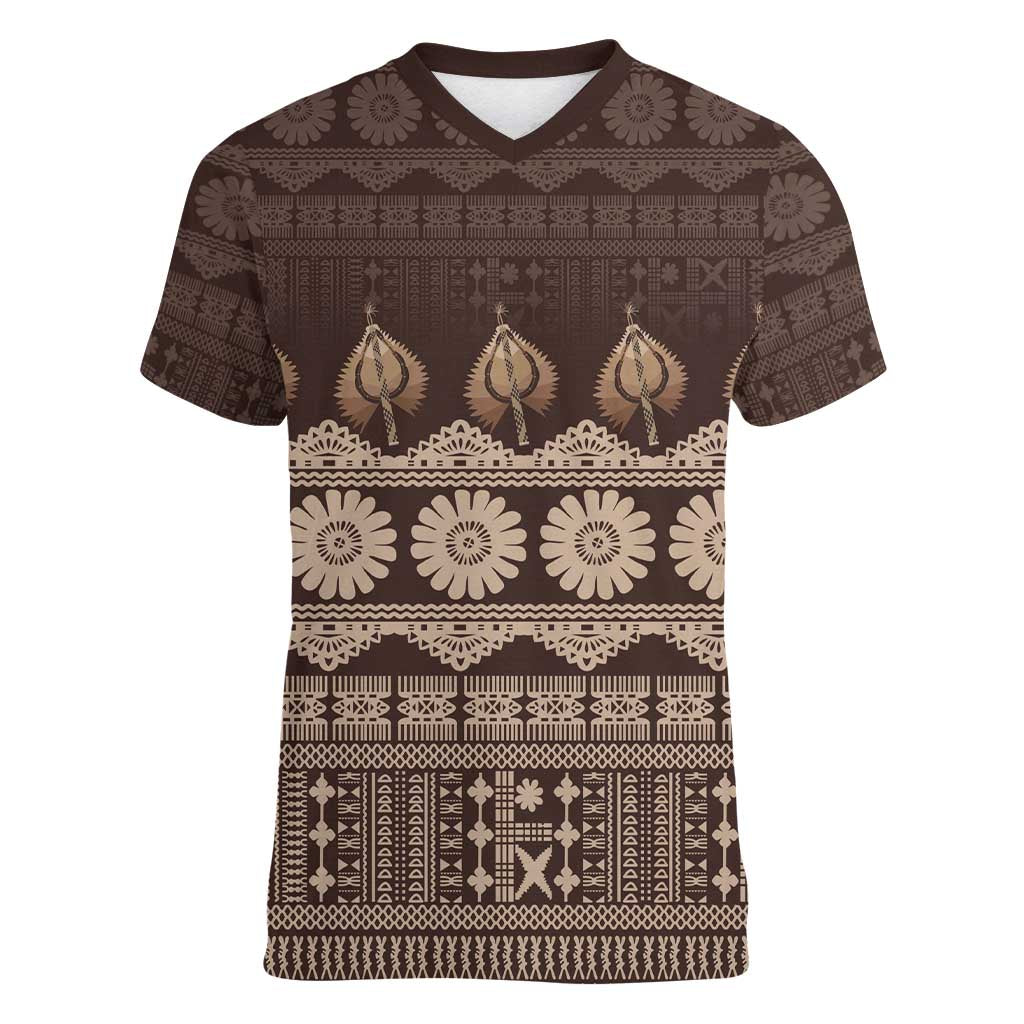 Bula Fiji Iri ni Meke Women V-Neck T-Shirt Kuvui Fijian Masi LT14 Female Brown - Polynesian Pride