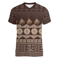 Bula Fiji Iri ni Meke Women V-Neck T-Shirt Kuvui Fijian Masi LT14 Female Brown - Polynesian Pride