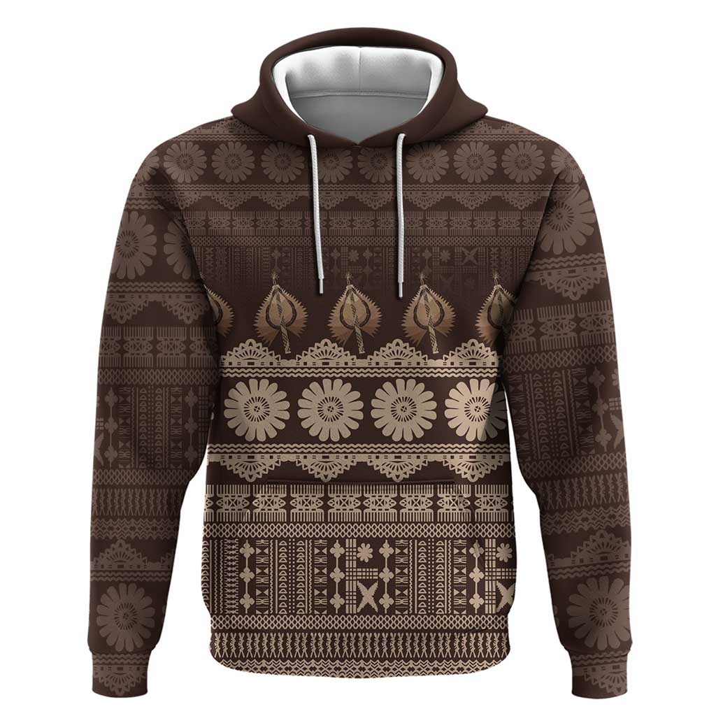 Bula Fiji Iri ni Meke Zip Hoodie Kuvui Fijian Masi LT14 Pullover Hoodie Brown - Polynesian Pride