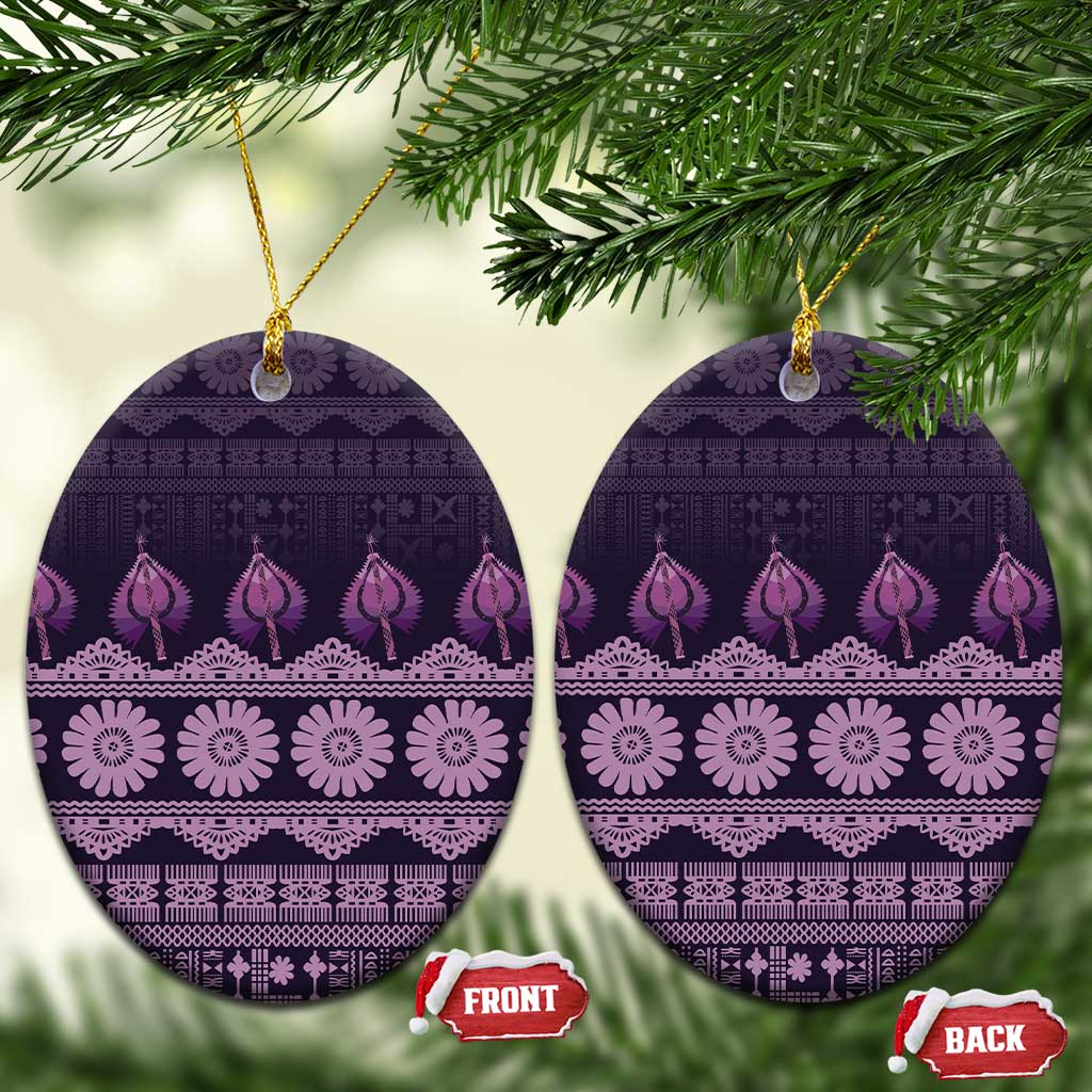 Bula Fiji Iri ni Meke Ceramic Ornament Lokaloka Fijian Masi LT14 Oval Purple - Polynesian Pride