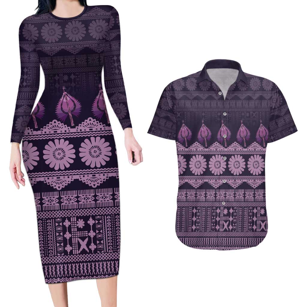 Bula Fiji Iri ni Meke Couples Matching Long Sleeve Bodycon Dress and Hawaiian Shirt Lokaloka Fijian Masi LT14 Purple - Polynesian Pride