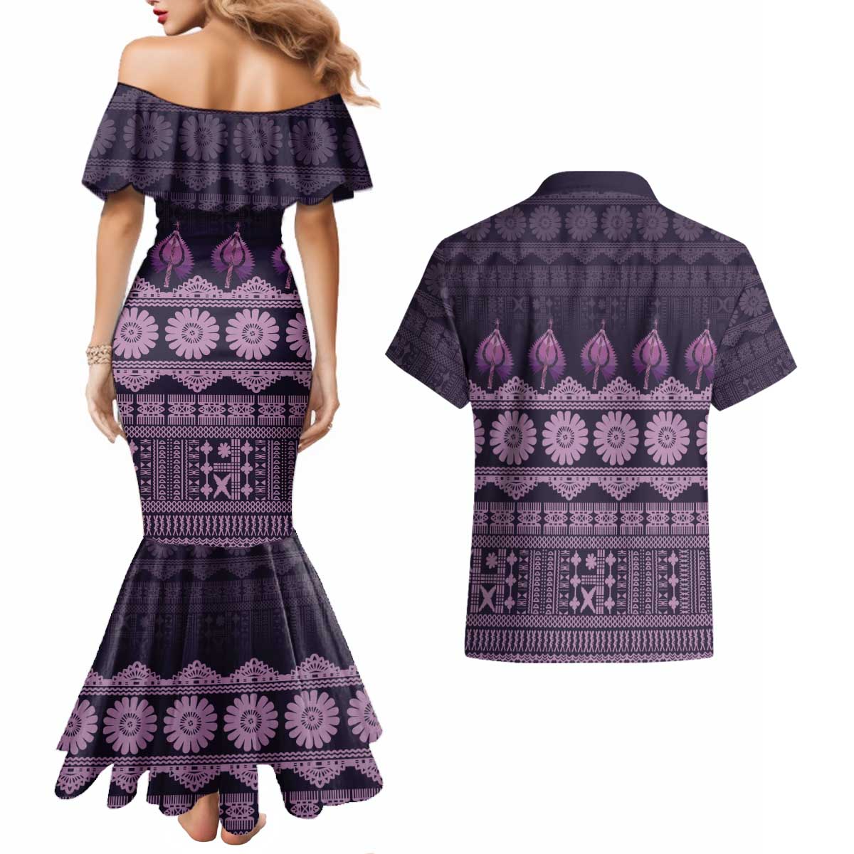 Bula Fiji Iri ni Meke Couples Matching Mermaid Dress and Hawaiian Shirt Lokaloka Fijian Masi LT14 - Polynesian Pride