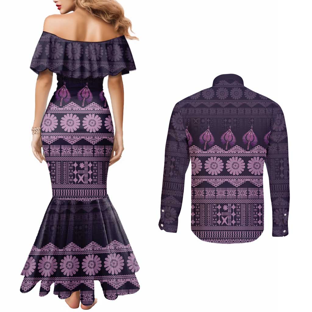 Bula Fiji Iri ni Meke Couples Matching Mermaid Dress and Long Sleeve Button Shirt Lokaloka Fijian Masi LT14 - Polynesian Pride