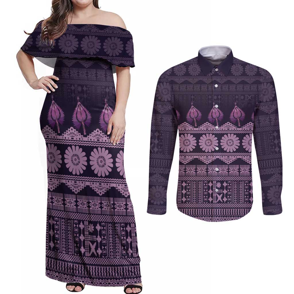 Bula Fiji Iri ni Meke Couples Matching Off Shoulder Maxi Dress and Long Sleeve Button Shirt Lokaloka Fijian Masi LT14 Purple - Polynesian Pride