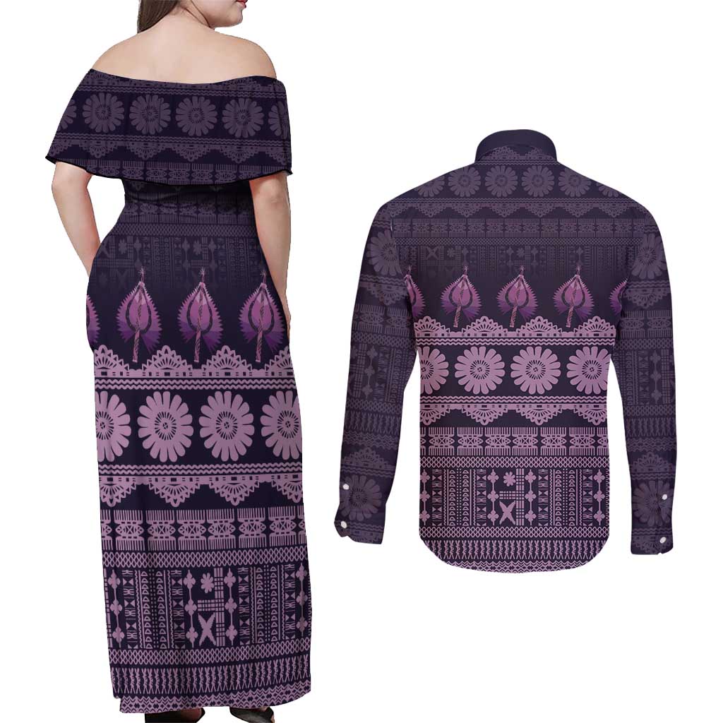 Bula Fiji Iri ni Meke Couples Matching Off Shoulder Maxi Dress and Long Sleeve Button Shirt Lokaloka Fijian Masi LT14 - Polynesian Pride
