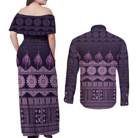 Bula Fiji Iri ni Meke Couples Matching Off Shoulder Maxi Dress and Long Sleeve Button Shirt Lokaloka Fijian Masi LT14 - Polynesian Pride