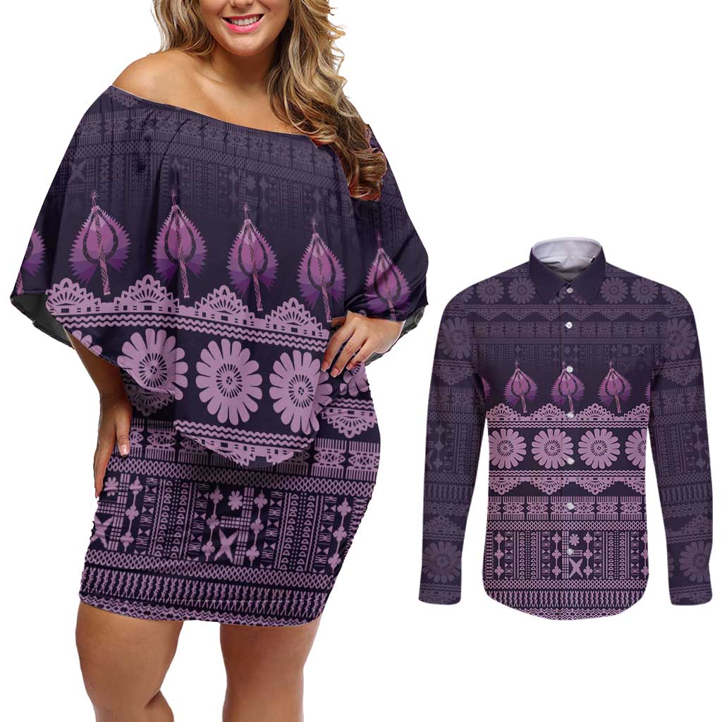 Bula Fiji Iri ni Meke Couples Matching Off Shoulder Short Dress and Long Sleeve Button Shirt Lokaloka Fijian Masi - Polynesian Pride