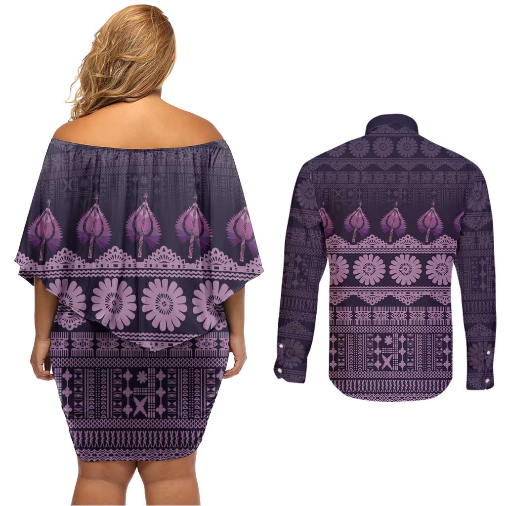 Bula Fiji Iri ni Meke Couples Matching Off Shoulder Short Dress and Long Sleeve Button Shirt Lokaloka Fijian Masi LT14 - Polynesian Pride