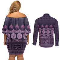 Bula Fiji Iri ni Meke Couples Matching Off Shoulder Short Dress and Long Sleeve Button Shirt Lokaloka Fijian Masi LT14 - Polynesian Pride