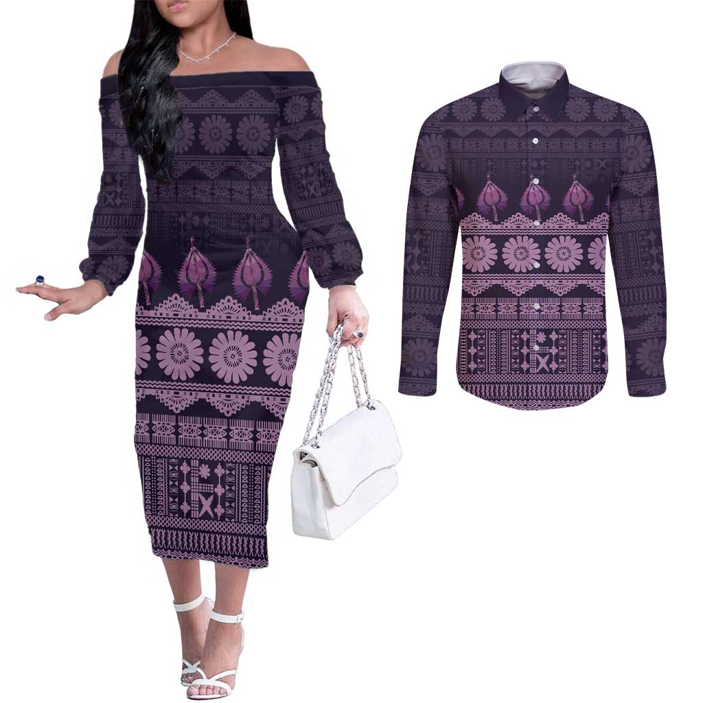Bula Fiji Iri ni Meke Couples Matching Off The Shoulder Long Sleeve Dress and Long Sleeve Button Shirt Lokaloka Fijian Masi - Polynesian Pride