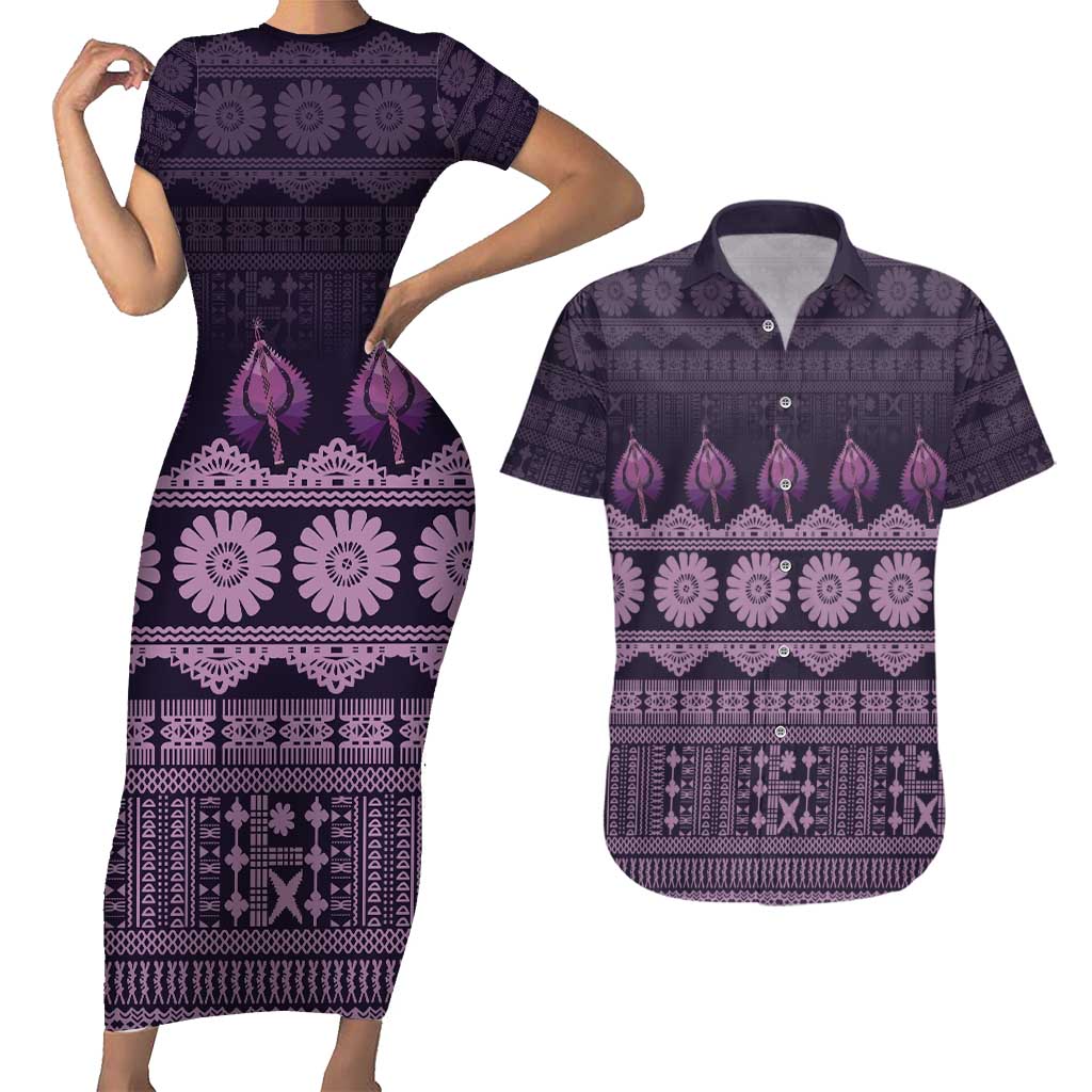 Bula Fiji Iri ni Meke Couples Matching Short Sleeve Bodycon Dress and Hawaiian Shirt Lokaloka Fijian Masi LT14 Purple - Polynesian Pride