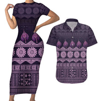 Bula Fiji Iri ni Meke Couples Matching Short Sleeve Bodycon Dress and Hawaiian Shirt Lokaloka Fijian Masi LT14 Purple - Polynesian Pride
