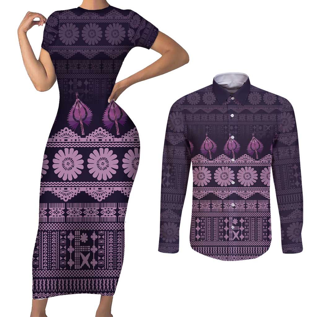 Bula Fiji Iri ni Meke Couples Matching Short Sleeve Bodycon Dress and Long Sleeve Button Shirt Lokaloka Fijian Masi - Polynesian Pride