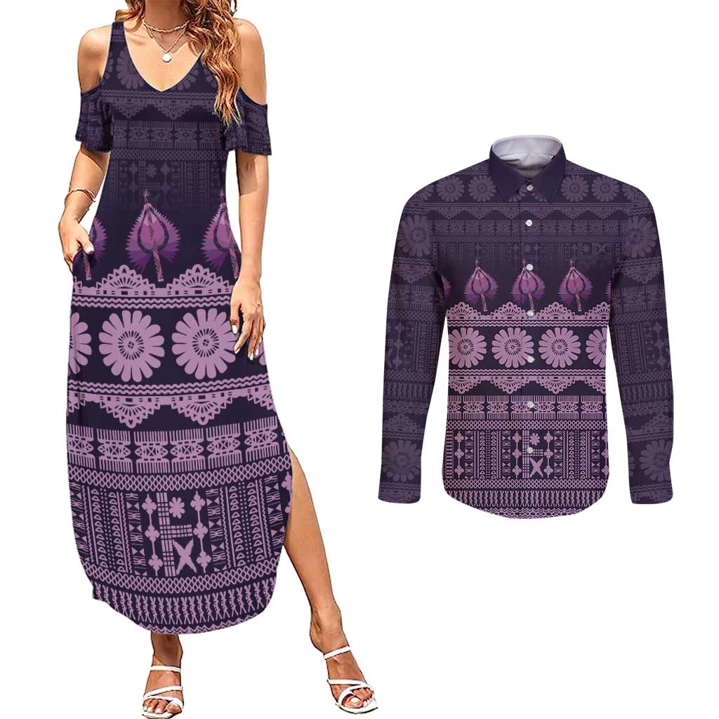 Bula Fiji Iri ni Meke Couples Matching Summer Maxi Dress and Long Sleeve Button Shirt Lokaloka Fijian Masi LT14 Purple - Polynesian Pride