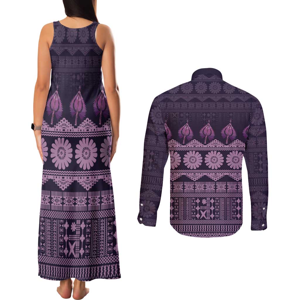Bula Fiji Iri ni Meke Couples Matching Tank Maxi Dress and Long Sleeve Button Shirt Lokaloka Fijian Masi LT14 - Polynesian Pride