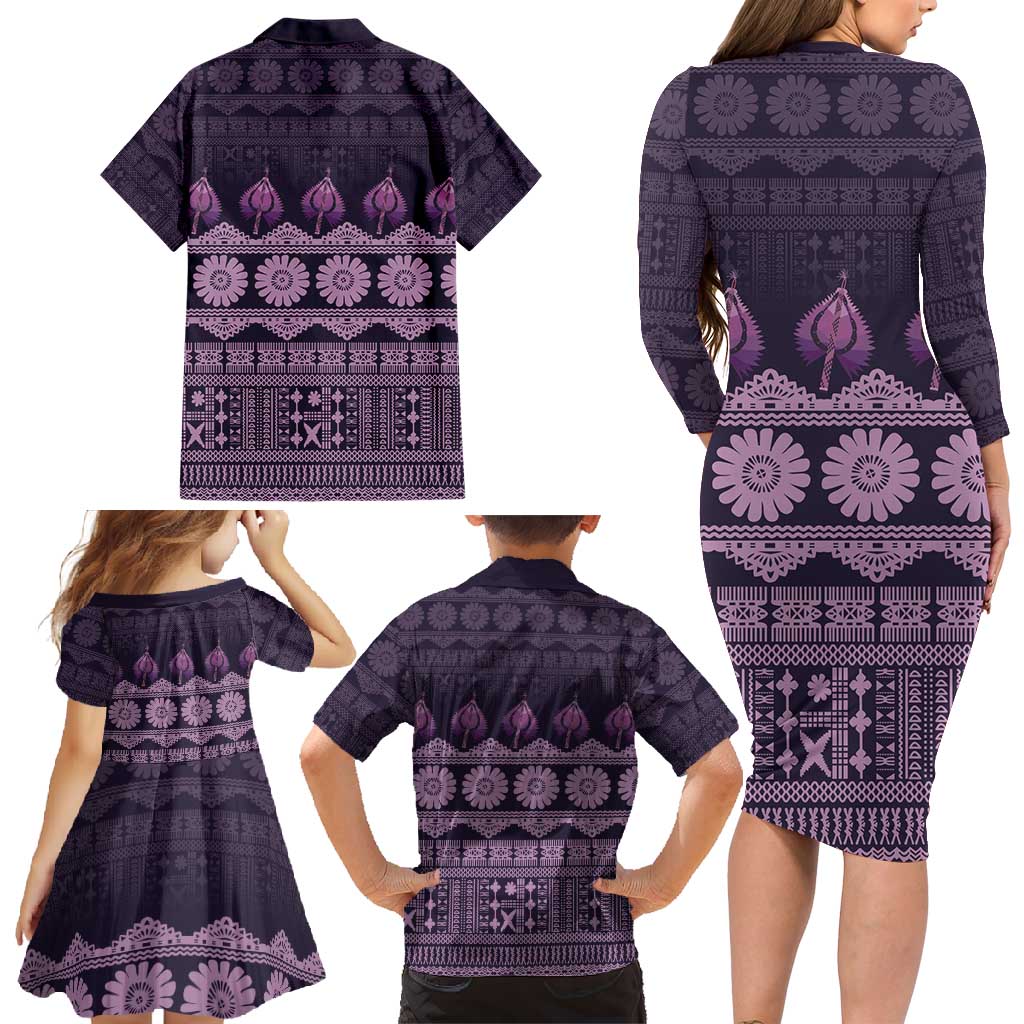 Bula Fiji Iri ni Meke Family Matching Long Sleeve Bodycon Dress and Hawaiian Shirt Lokaloka Fijian Masi LT14 - Polynesian Pride