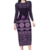Bula Fiji Iri ni Meke Family Matching Long Sleeve Bodycon Dress and Hawaiian Shirt Lokaloka Fijian Masi LT14 Mom's Dress Purple - Polynesian Pride