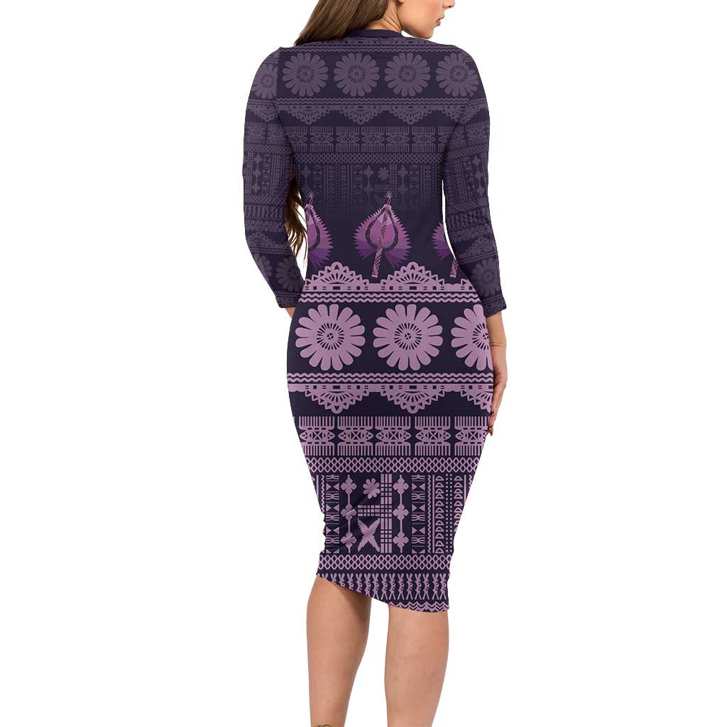 Bula Fiji Iri ni Meke Family Matching Long Sleeve Bodycon Dress and Hawaiian Shirt Lokaloka Fijian Masi LT14 - Polynesian Pride