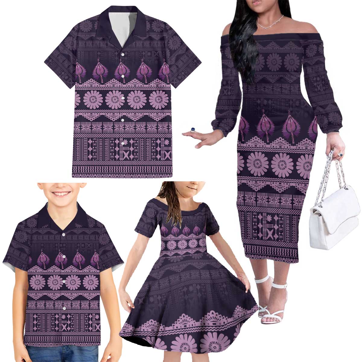 Bula Fiji Iri ni Meke Family Matching Off The Shoulder Long Sleeve Dress and Hawaiian Shirt Lokaloka Fijian Masi LT14 - Polynesian Pride