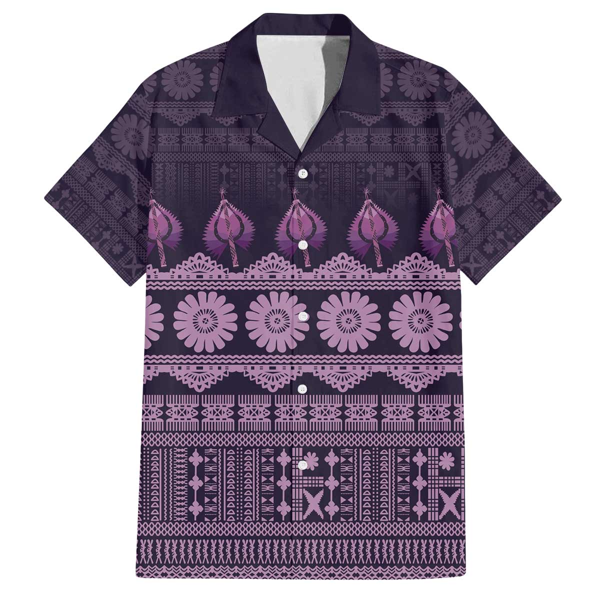 Bula Fiji Iri ni Meke Family Matching Off The Shoulder Long Sleeve Dress and Hawaiian Shirt Lokaloka Fijian Masi LT14 Dad's Shirt - Short Sleeve Purple - Polynesian Pride