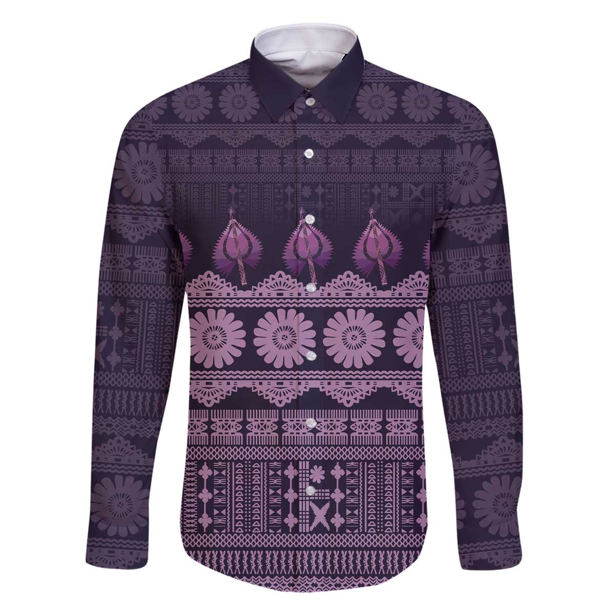Bula Fiji Iri ni Meke Family Matching Off The Shoulder Long Sleeve Dress and Hawaiian Shirt Lokaloka Fijian Masi LT14 Dad's Shirt - Long Sleeve Purple - Polynesian Pride