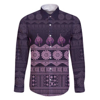 Bula Fiji Iri ni Meke Family Matching Off The Shoulder Long Sleeve Dress and Hawaiian Shirt Lokaloka Fijian Masi LT14 Dad's Shirt - Long Sleeve Purple - Polynesian Pride