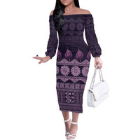 Bula Fiji Iri ni Meke Family Matching Off The Shoulder Long Sleeve Dress and Hawaiian Shirt Lokaloka Fijian Masi LT14 Mom's Dress Purple - Polynesian Pride