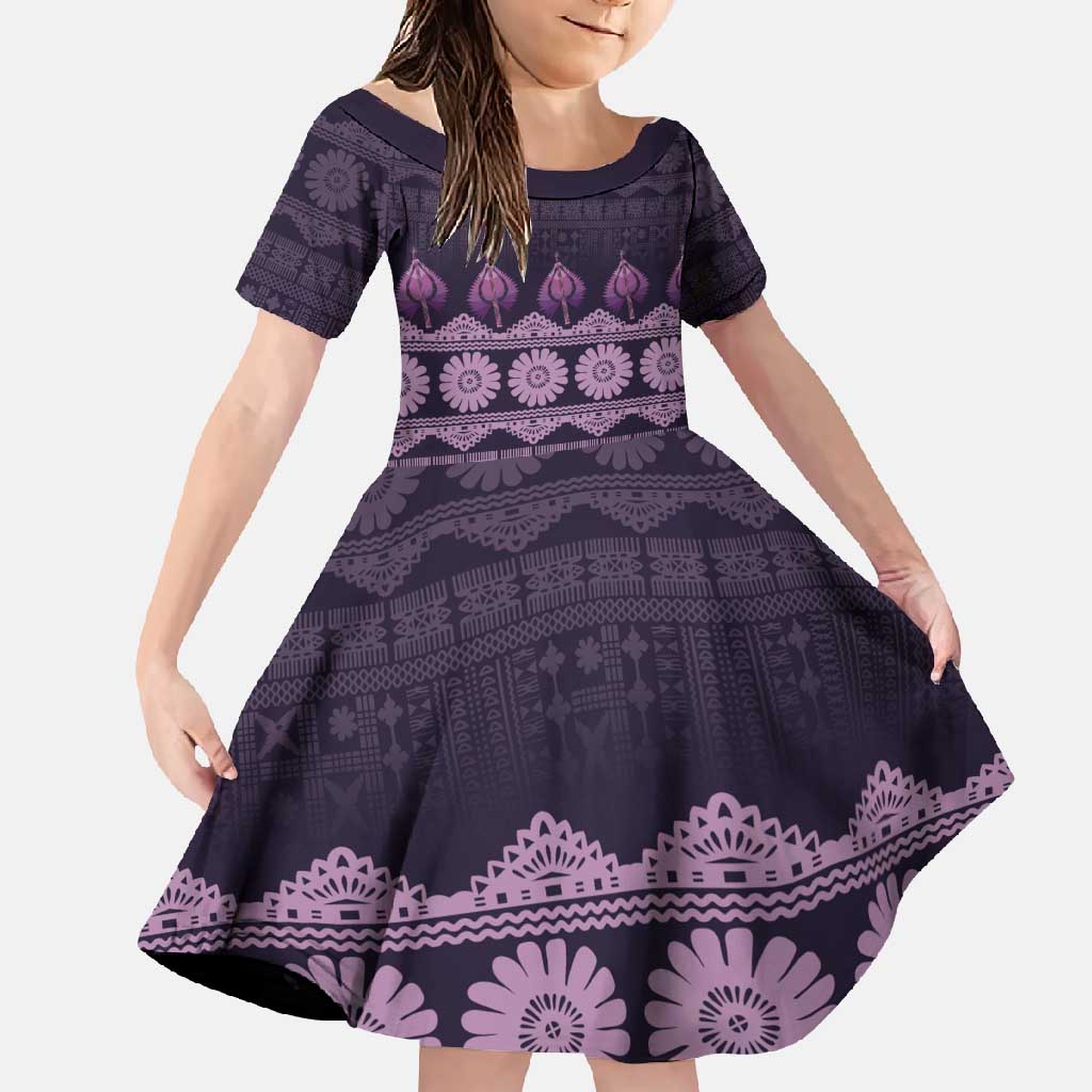 Bula Fiji Iri ni Meke Family Matching Off Shoulder Maxi Dress and Hawaiian Shirt Lokaloka Fijian Masi LT14 Daughter's Dress Purple - Polynesian Pride