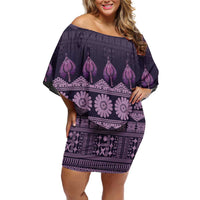 Bula Fiji Iri ni Meke Family Matching Off Shoulder Short Dress and Hawaiian Shirt Lokaloka Fijian Masi LT14 Mom's Dress Purple - Polynesian Pride